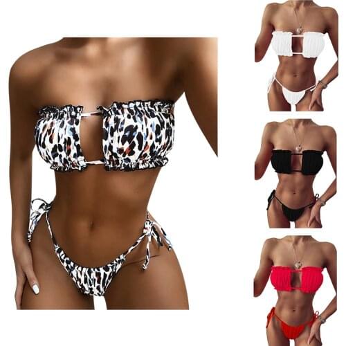Women 2 Piece Thong Bikini Set Sexy Pleated Bandeau Swimwear Tie Up Strapless Swimsuit Ladies Summer Pool Bathing Suit Beach