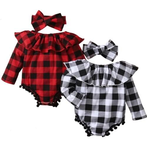 Baby Girls Two-piece Clothes Set, Plaid Printed Pattern Long Sleeve Romper and Headdress, White/ Red