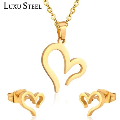 LUXUSTEEL Fashion Jewelry Sets mujer Collier Party Stainless Steel Heart Shape Pendant Necklace Earrings Brinco Wedding Women