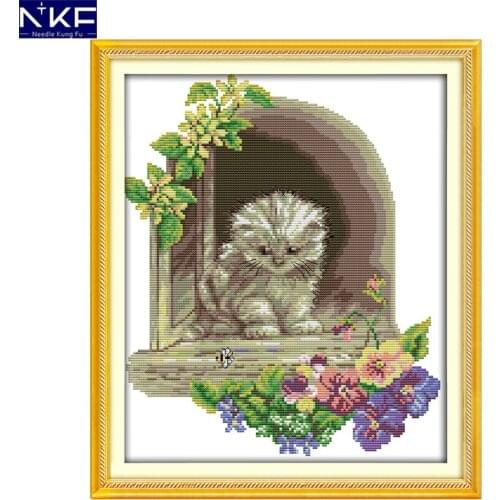 NKF Kitten In The Window Animal Pattern Handmade Craft Needlework Cross Stitch Embroidery Kit Cross Stitch for Home Decor