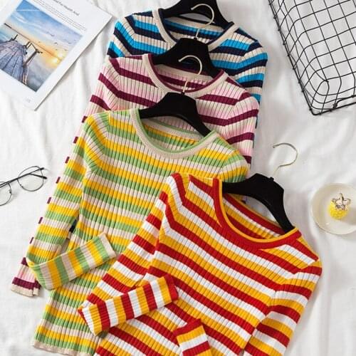 New Autumn Winter Knitted Womens Sweaters Fashion Long Sleeve Round Collar Stripe Woman Sweaters Slim Fit Pullovers Lady Sweater