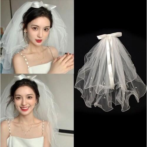 New Pearl Veil Bridal Ribbon Bow Short Veil White Wedding Accessories Photo Photography Bridal Wedding White Veil