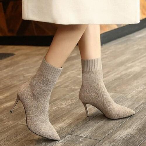 2021 New Autumn Winter Women Boots Solid Knitting Thin High Heel Ankle Boot Ladies Pointed Toe Fashion Party Womens Shoes