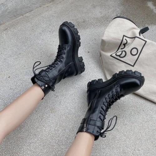 Autumn Boots Women Fashion Black Leather Platform Gothic Boots Punk Combat Mid-Calf Boots for Women Botas De Mujer 2021