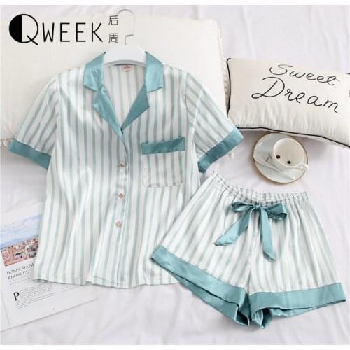 Cute Womens Pajamas Sleepwear Two Piece Set Silk Pijama Satin Short Sleeve Shirt Night Suits Student Pyjama Summer Homewear