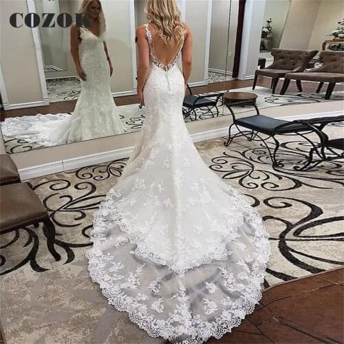 Sexy Wedding Dresses Mermaid V-neck Backless Lace Appliques Elegant Long Formal Women Bridal Wedding Gowns CZ16