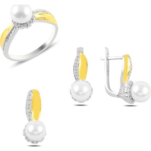 Silver 925 Sterling Pearl & Zircon Crystal Double Color Set