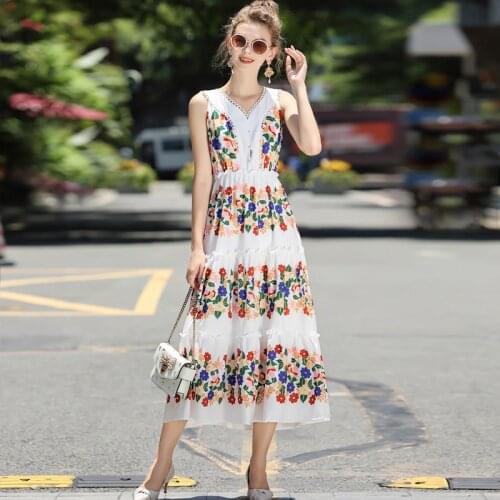 DIDABOLE High Quality New Summer WomenS Vintage Fashion Bohemian Holiday Party Casual Elegant Chic Print Midi Dress