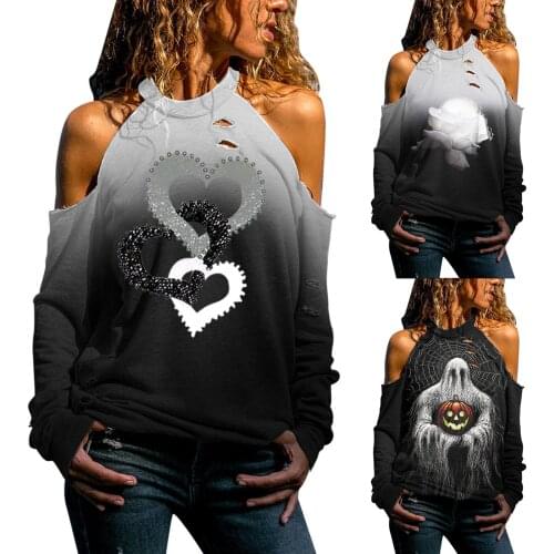 Halloween Women Long Sleeve Off Shoulder Hollow Out Sexy T-shirt Blouse Tops Fashion Casual Daily All-match Sexy Girls Shirt Top