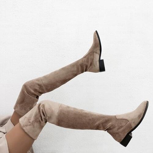 LAIGZEM Stretchy Women Thigh High Boots 3CM/5.5CM Block Chunky Heeled Boots Over Knee Ladies Bota Shoes Woman Bota Size 41 42 43