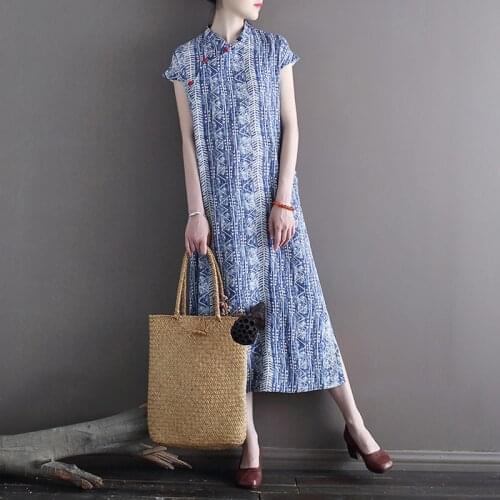 Johnature Women Vintage Print Floral Dresses Stand Short Sleeve Button 2021 New Summer Cotton Linen Chinese Style Female Dresses