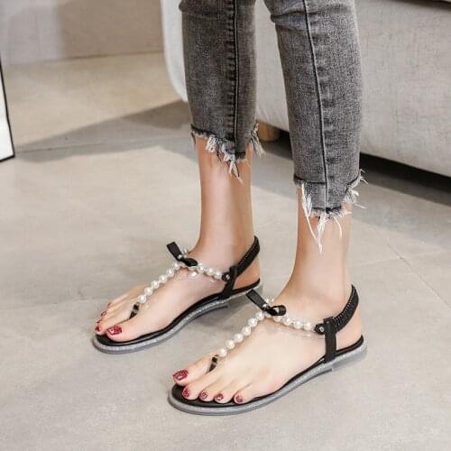 2021 Summer New Mesh Red Pearl Flat Beach Sandals And Slippers Female Outer Wear Ins Wind