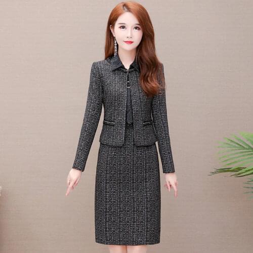 Womens Suit Bodycon Dress Jacket 2 Pieces Set Office Wear Jacket Dress 2019 Spring Autumn Female Dresses Suits Plus Size