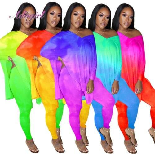 Sexy Gradient Tie Dye Print Women Set Autumn Long SLeeve Split Hem Loose Tops Tee Sweatpant Suit Jogger Two Piece Set Tracksuit