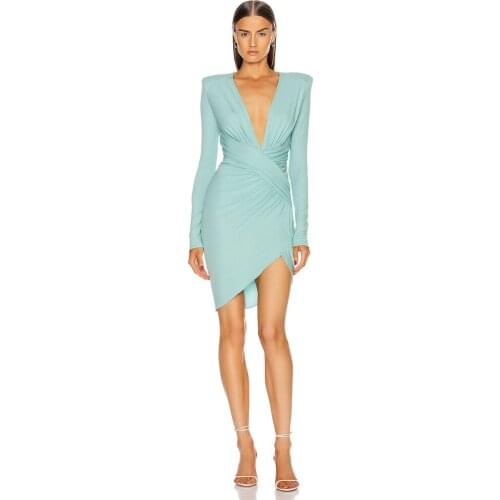 Celebrity bandage dress 2020 autumn new full sleeves sexy v neck woman bodycon dress knee length vintage vestios party dress