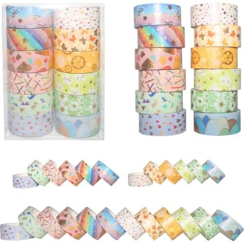 12 Pcs/Set Cute Geometry Flower Masking Tape Kawaii Gold Foil Washi Tape Decor Adhesive Tape Scrapbooking DIY Stationery Sticker