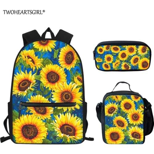 Twoheartsgirl 3pcs School Bags Stylish Sunflower Print School Bags Primary Student Backpack Sets Girls Boys Custom Satchel sac