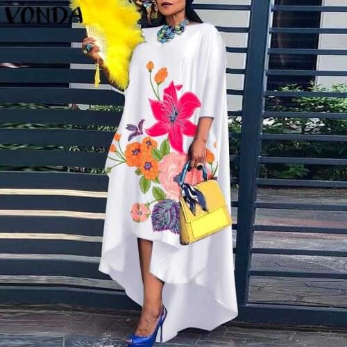 Asymmetric Dress VONDA 2021 Women Summer Spring Sundress Floral Printed 3/4 Sleeve Dress Hem Pleated Baggy Vestidos Femme