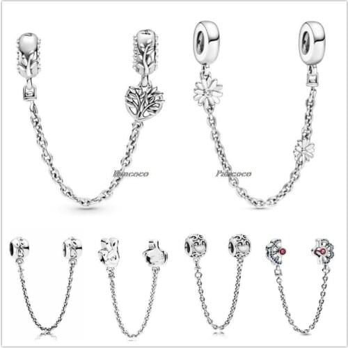 Authentic 925 Sterling Silver Daisy Flower With Crystal Safety Chain Charm Bead Fit Pandora Bracelet & Necklace Jewelry