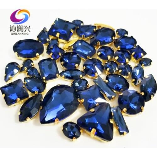Ink blue Gold bottom mix shape top crystal glass sew on stones,Super flash claw rhinestone diy/Clothing accessories 58pcs/pack