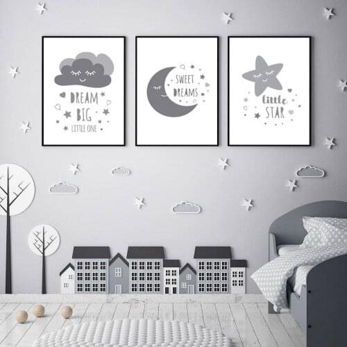 Nursery Cartoon Moon Star Cloud Canvas Painting Dream Big Little One Wall Art Prints Posters Pictures Kids Room Home Decor