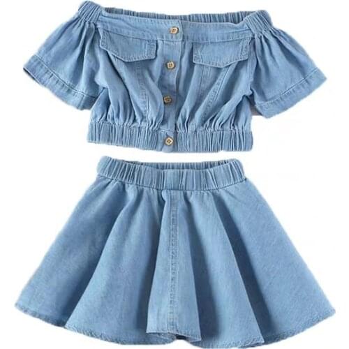 Kids Girls Denim Skirts Sets Jeans Tops Skirts 2Pcs Sets 2020 New Arrival Children Blue High Waist Skirts Short Vest Sets 2-6Y
