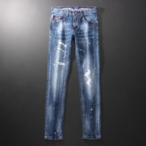 European Vintage Fashion Men Jeans Retro Blue Slim Fit Ripped Jeans Men Streetwear Patchwork Designer Hip Hop Denim Punk Pants