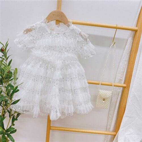 FOCUSNORM Princess Infant Kids Girls Summer Dress For 1-8Y Lace Sequined Ruffles Sleeve Knee Length Layered Dress
