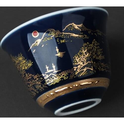 Blue glaze golden mountain tea cup handmade ceramic personality water mug tea ceremony accessoies master tea single bowl