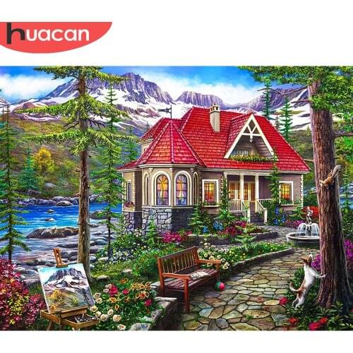 HUACAN Full Square Round Diamond Embroidery House Diamond Painting Landscape Rhinestones Pictures Handicrafts Gift