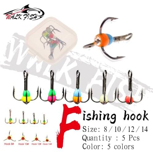 WALK FISH 5Pcs Winter Ice Fishing Hook With Box Ice Bait Overturned Barbed Trebles Hooks Rubber Winter Fishing Tackle Tool