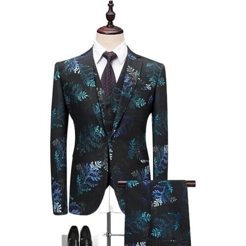Jacket+Vest+Pants) 2021 male Spring Printed Business Suit Jacket/Mens Slim Three-piece Casual Suit Grooms Wedding Dress M-6XL