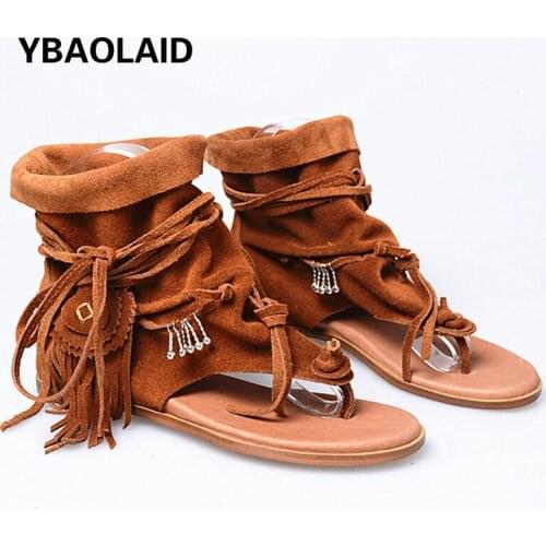 Summer Flat Frosted Fringed Sandals with Cross Straps and Metal Decorative Herringbone Flip-flops In Increased Roman Sandals