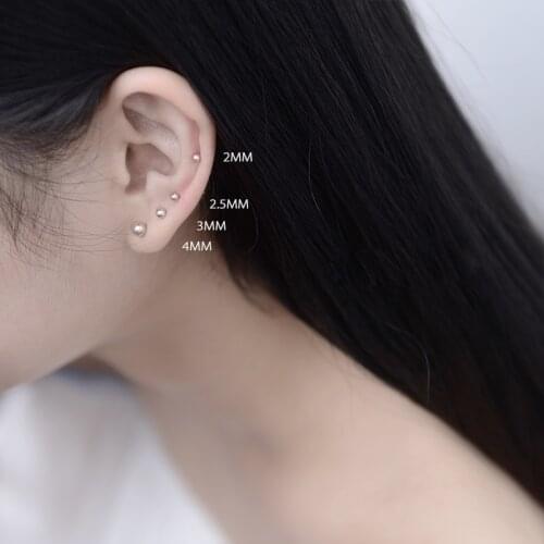Small Smooth Round Bead Pure 925 Sterling Silver Stud Earrings for Women Girls Lady Fashion Jewelry Mini Gift For Girls Kids