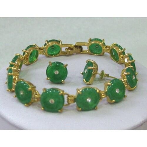 Fashion jewelry Free Shipping Natural Green Jade bracelet earrings set 7.5" AAA