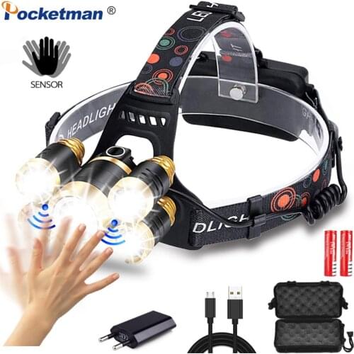 Powerful Motion Sensor Headlight 3/5 LED T6 Headlamp Waterproof Head Light Camping Head Lamp Head Torch 18650 Battery