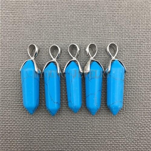 MY0288 Natural Blue Howlite Spike Point Pendant with Chakra Healing Stone Pillar Pendant with Silver Plated Bail