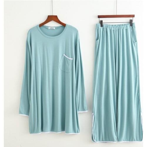 Autumn New Women Sleepwear Comfort Soft Silky Modal Pajamas Set Round Collar Solid Color 2PCS Tops+Pants Fat mm Loose Homewear