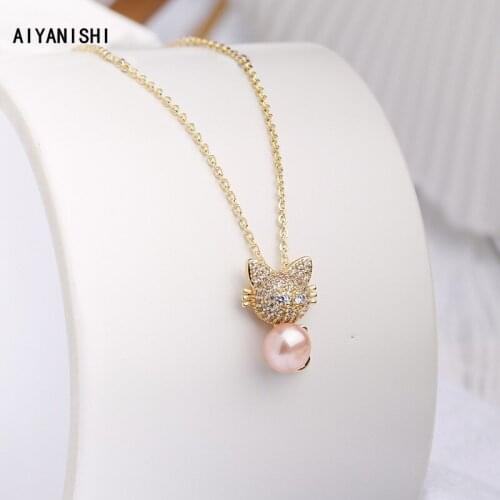 AIYANISHI 18K Gold Filled Natural Freshwater Pearl Necklaces Cute Cats Charm Necklaces Jewelry Freshwater Pink Pearl Necklaces