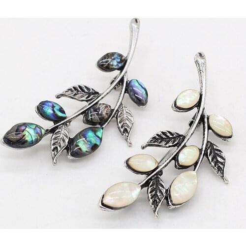 Natural Abalone Shell Alloy Pendants With Hand-Carved Lifelike Leaf-Shaped Pendant For Jewelry Making Necklace Earring 22x55mm
