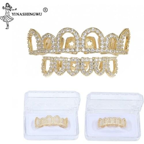 Pure Gold Color Plated Hip Hop Micro Pave CZ Fang Hollow Top & Bottom Grillz Vampire Teeth Grills Jewelry For Men New Arrival