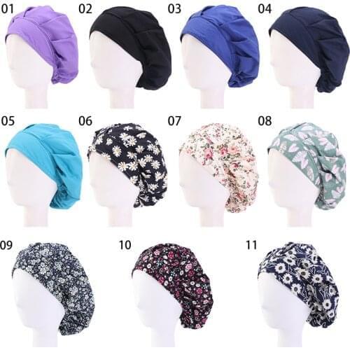 Unisex Adjustable Working Scrub Cap with Protect Ears Button Electrocardiogram Embroidery Floral Print