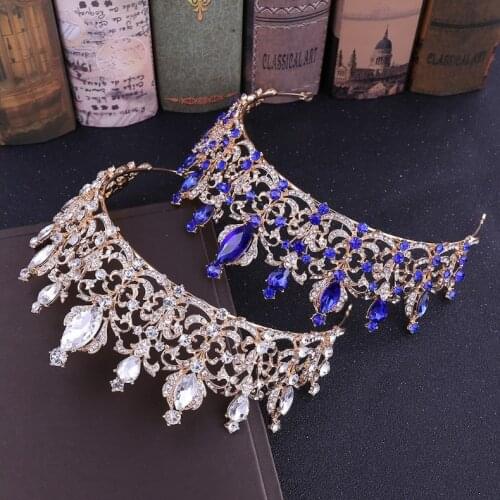 Luxury red Blue Rhinestone Gold Wedding Tiara Crown Queen Diadem Bride Crown Headpiece Wedding Hair Accessories Tiara