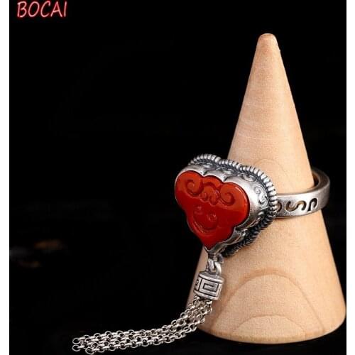 S925 silver distressed south red agate wishful tassel ring fashion retro womens jewelry