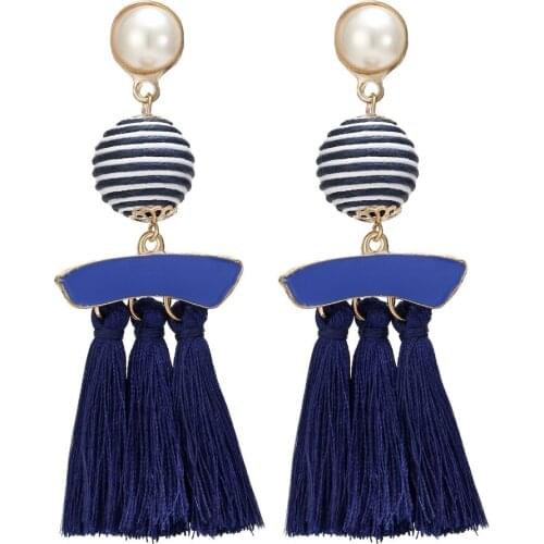 HOCOLE Fashion Simulated Pearl Tassel Earrings Vintage Big stripe Cotton Handmade Jewelry Drop Earrings for Women Accessories