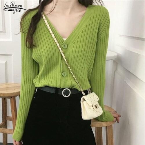 V-neck Solid Autumn Women Sweater Long Sleeve Knit Loose Sweater Korean Cardigan Single-Breasted Sweet Office Lady Clothes 10330