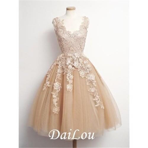 A-Line V-Neck Lace Champagne Beach Wedding Dress Tea Length Bride Dress 2021