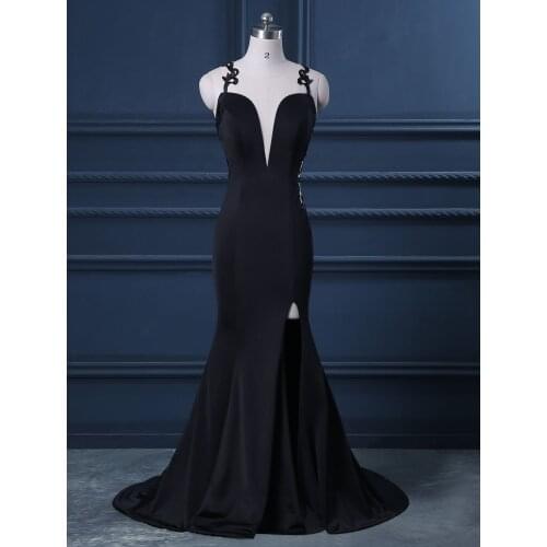 2019 Illusion Black Spandex Backless Mermaid Formal Evening Dress Appliques Sleeveless Court Train