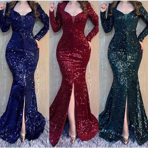 Vintage Long Mermaid Sequin Evening Dresses with Sleeve Zipper Back Side Slit Green Abendkleider Formal Party Gown for Women