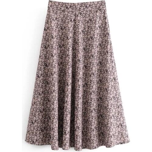 2020 New Fashion Temperament Retro Print Mid-Length High Waist Side Stitching Dark Zipper Closed Gentle Midi Skirt